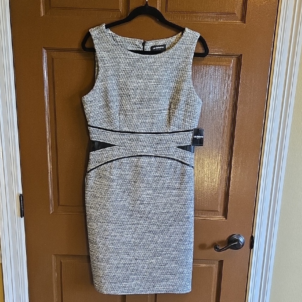 Liz Clainorne-Gray sheath dress with faux leather accents at waist Sz 10 NWT